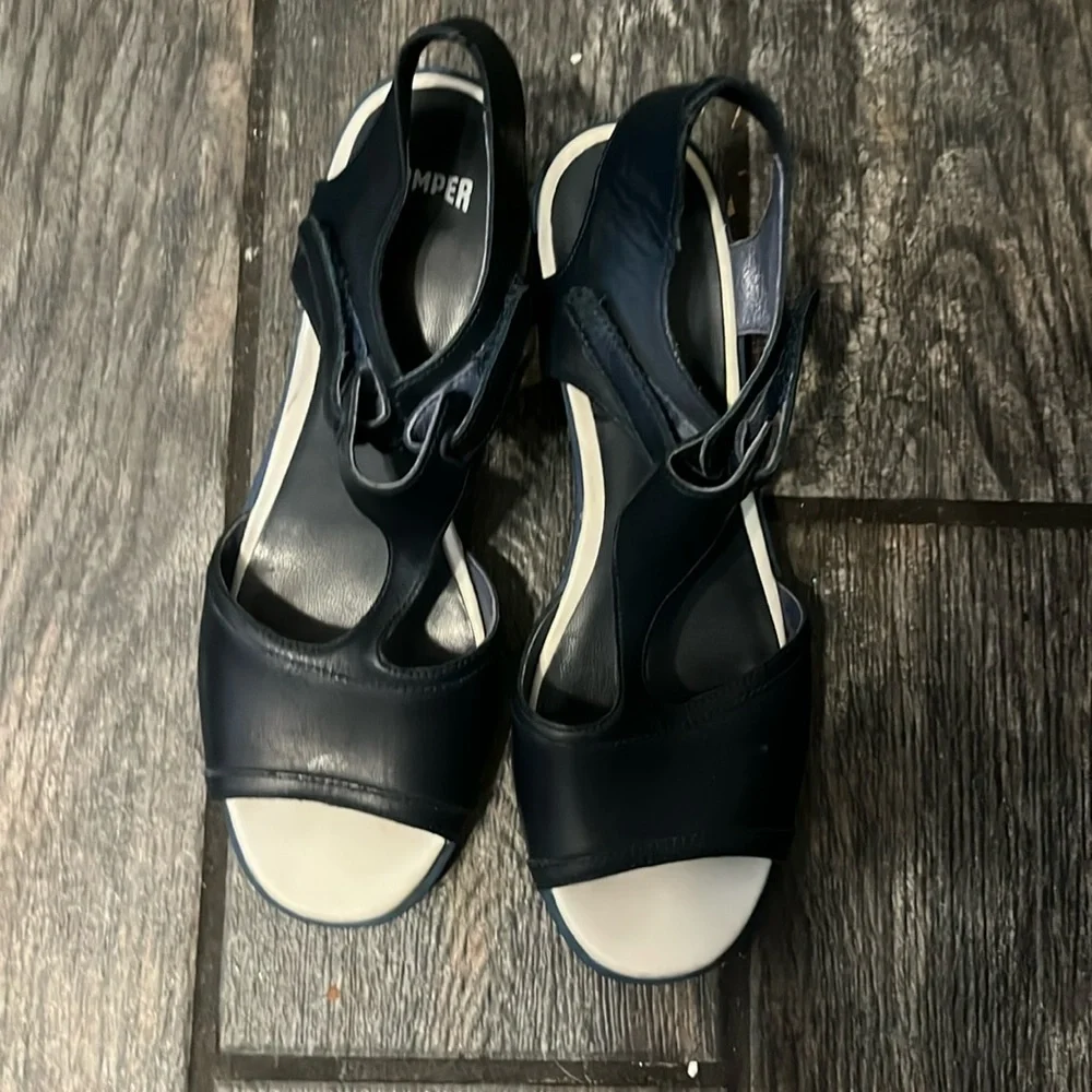 CAMPER NAVY BLUE LEATHER ANKLE T STRAP SANDALS - Picture 1 of 3